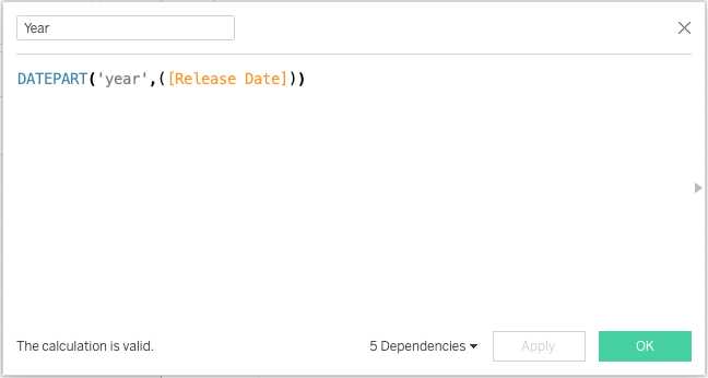 Calculated field to get only the Year from the date information in Release Date
