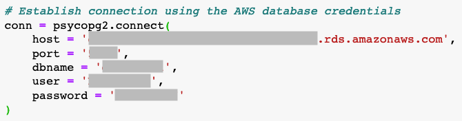 Establish database connection using psycopg2.connect()