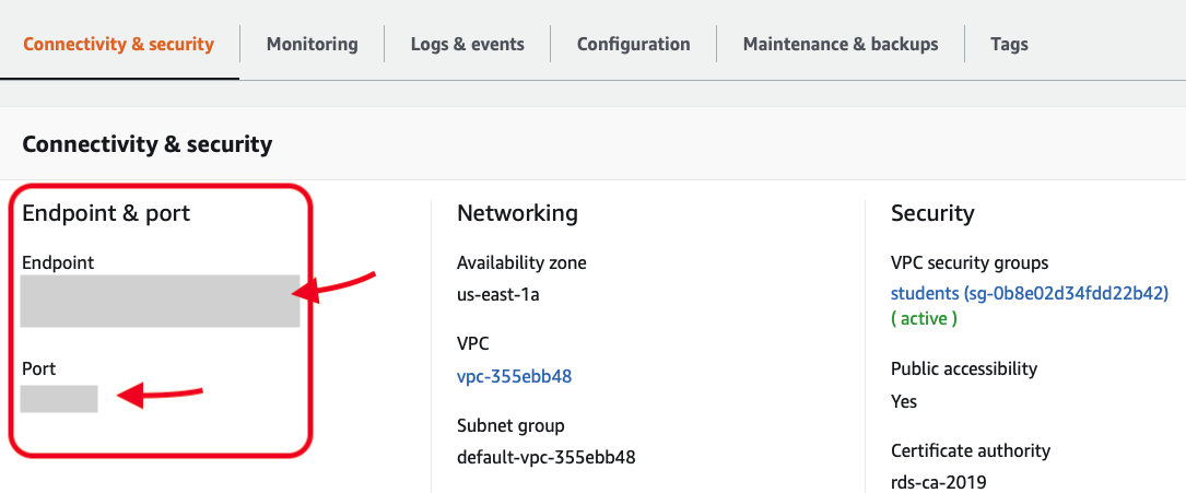 AWS database connectivity page