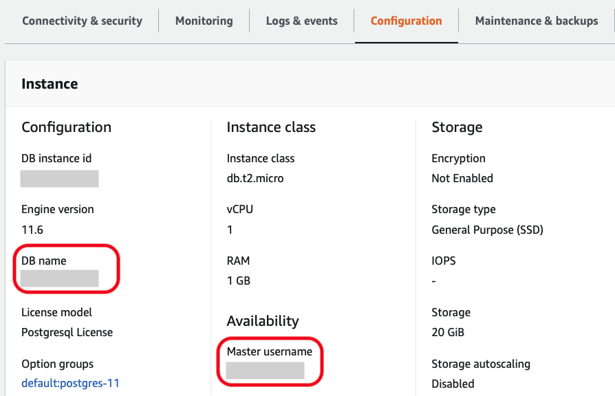 AWS database configuration page