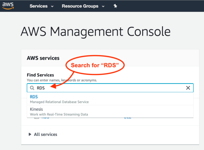 Search for RDS in AWS Console