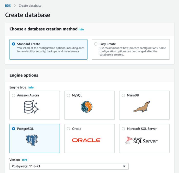 Choose creation method and database engine.