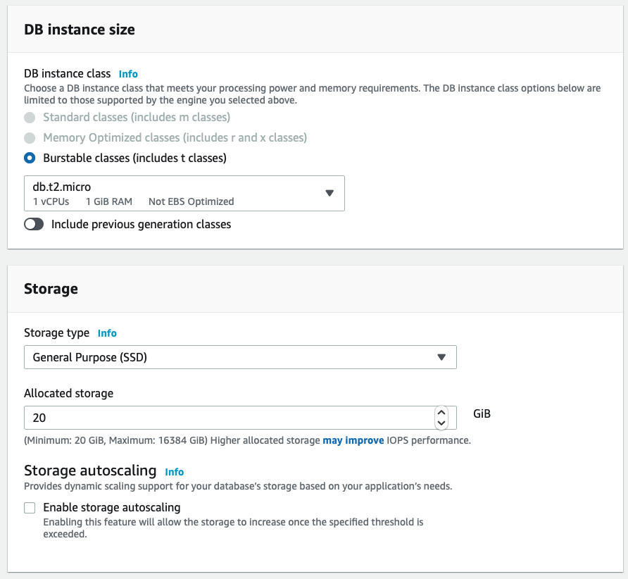 Choose instance size and storage